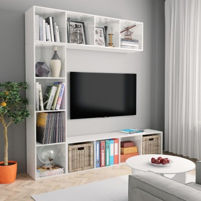 Mueble de TV y librería 3 piezas blanco brillo 180x30x180 cm