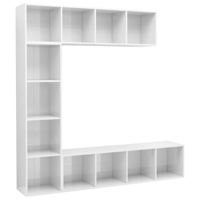 Mueble de TV y librería 3 piezas blanco brillo 180x30x180 cm