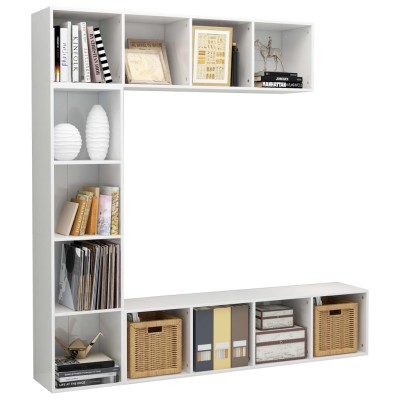 Mueble de TV y librería 3 piezas blanco brillo 180x30x180 cm