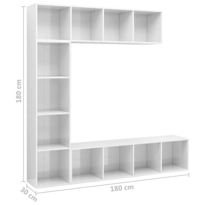 Mueble de TV y librería 3 piezas blanco brillo 180x30x180 cm