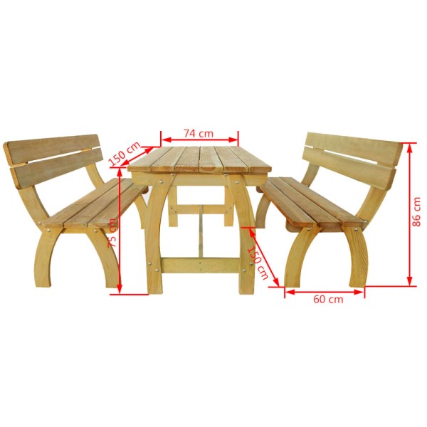 Mesa de jardín con 2 bancos madera de pino impregnada