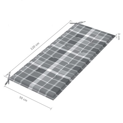 Banco Batavia madera maciza teca y cojín a cuadros gris 120 cm