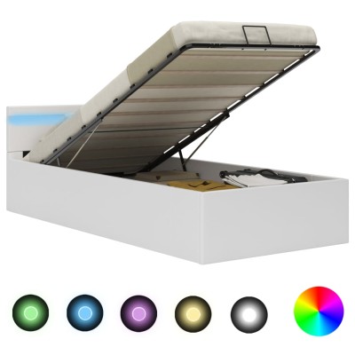 Cama canapé hidráulica con LED cuero sintético blanco 90x200 cm