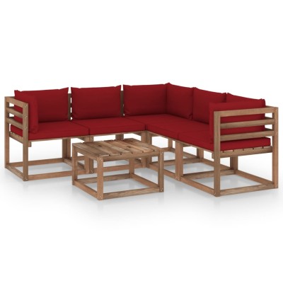 Set de muebles de jardín 6 pzs madera impregnada cojines rojos