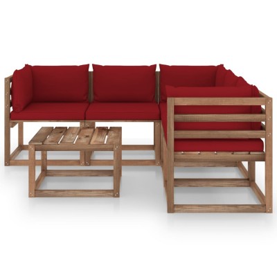 Set de muebles de jardín 6 pzs madera impregnada cojines rojos