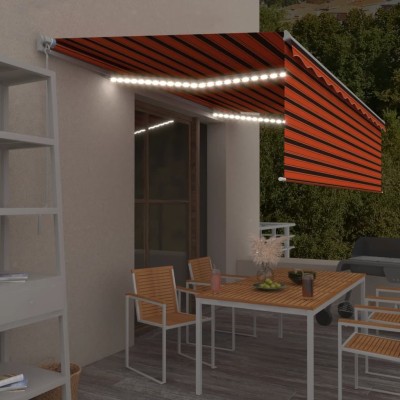 Toldo retráctil manual con persiana y LED naranja y marrón 5x3m