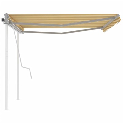 Toldo manual retráctil con postes amarillo y blanco 4x3 m