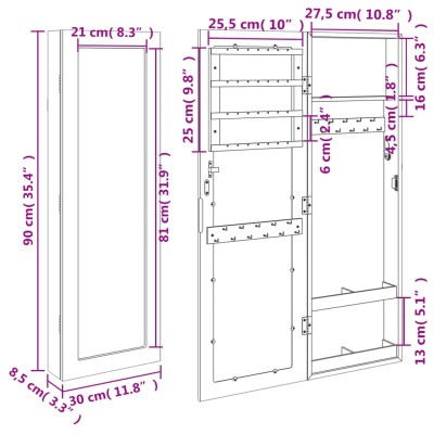 Espejo con joyero de pared 30x8,5x90 cm