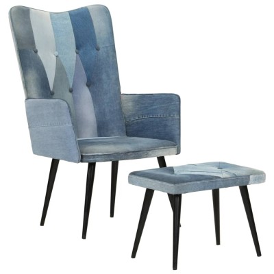 Sillón con reposapiés lona patchwork azul vaquero