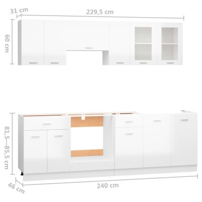 Juego muebles de cocina 8 pzas madera ingeniería blanco brillo