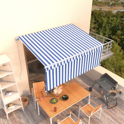 Toldo retráctil manual con persiana azul y blanco 3,5x2,5 m