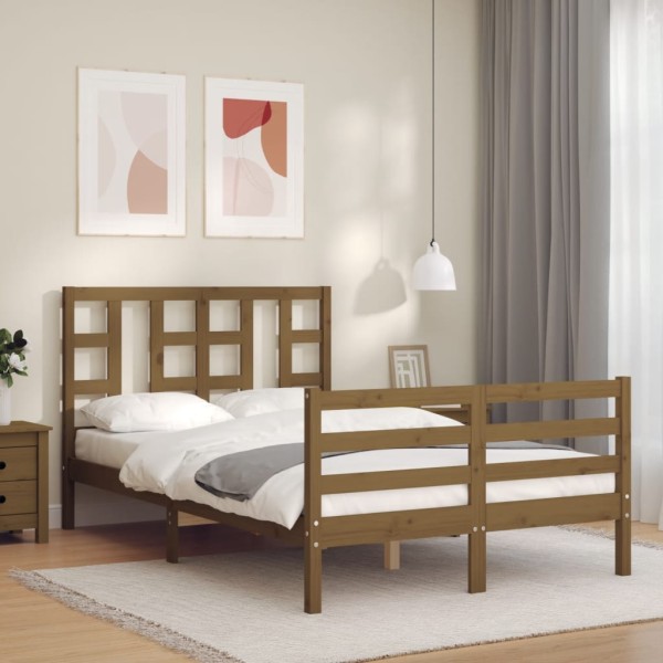 Estructura de cama matrimonio con cabecero madera marrón miel