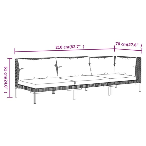 Muebles jardín 3 pzas ratán sintético semicircular gris oscuro