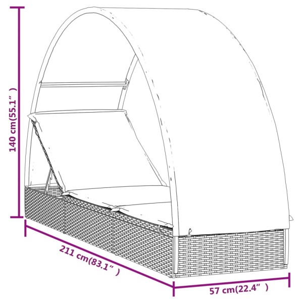 Tumbona con toldo redondo ratán sintético marrón 211x57x140cm