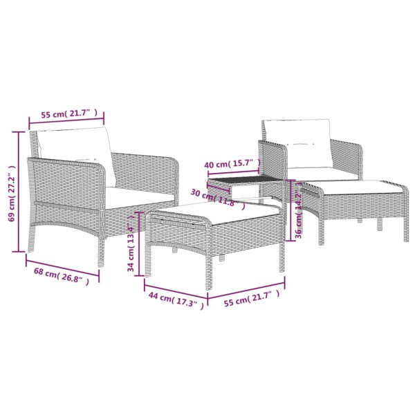 Set de muebles de jardín 5 pzas y cojines ratán sintético negro