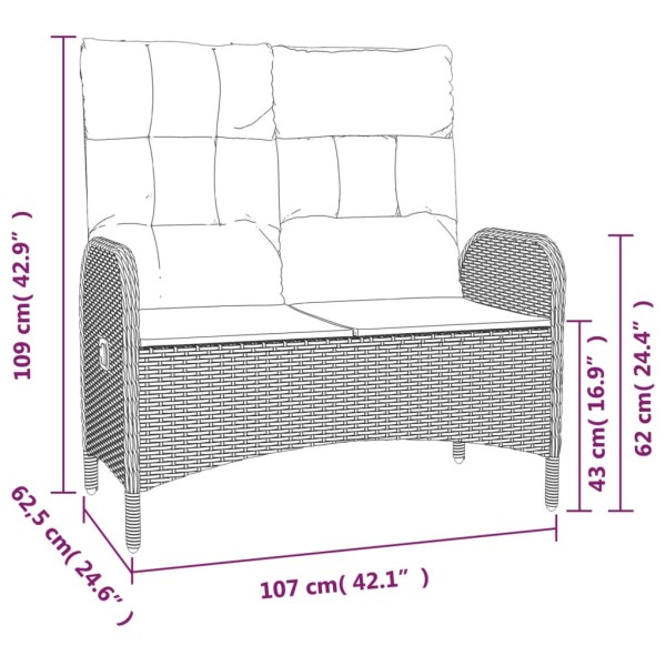 Banco de jardín reclinable con cojines ratán PE negro 107 cm