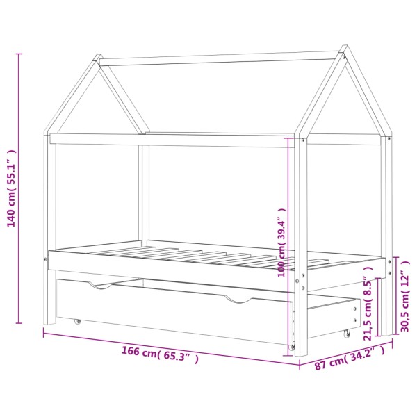 Estructura de cama infantil cajón madera pino blanco 80x160 cm