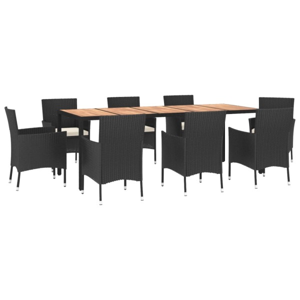 Set de comedor de jardín 9 pzas y cojines ratán sintético negro