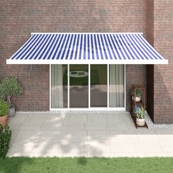 Toldo retráctil aluminio y tela azul y blanco 4,5x3 m