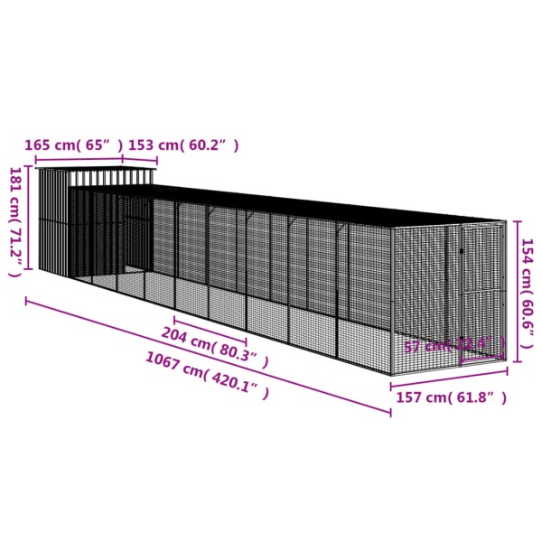 Gallinero con corral acero galvanizado gris 165x1067x181 cm