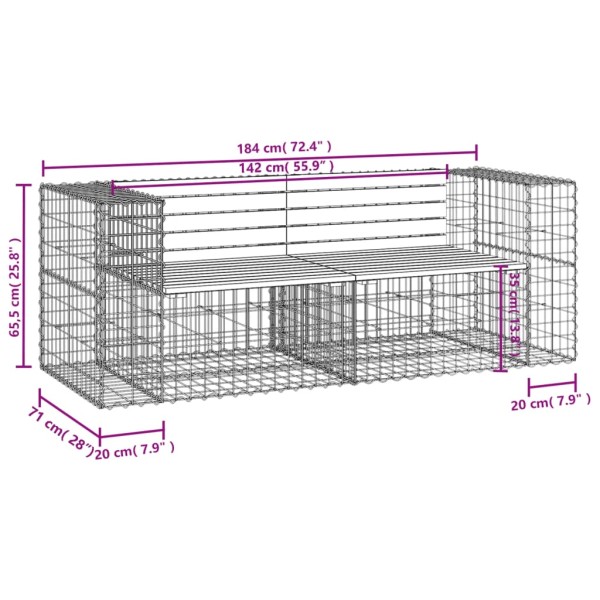 Banco jardín diseño gaviones madera maciza pino 184x71x65,5 cm