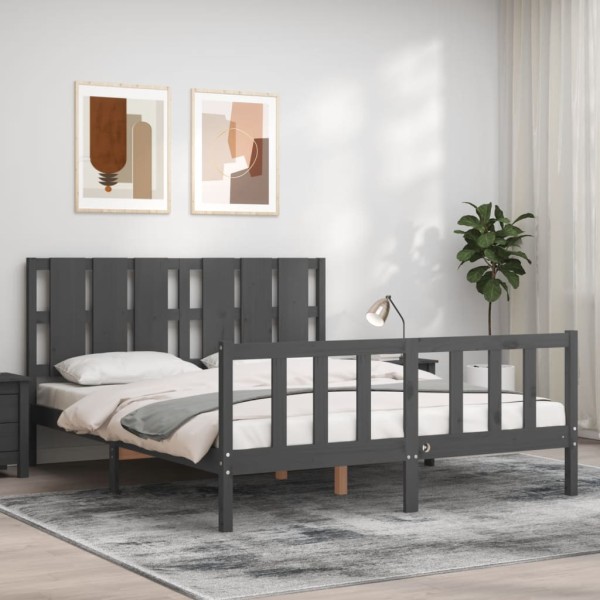 Estructura de cama matrimonio con cabecero madera maciza gris