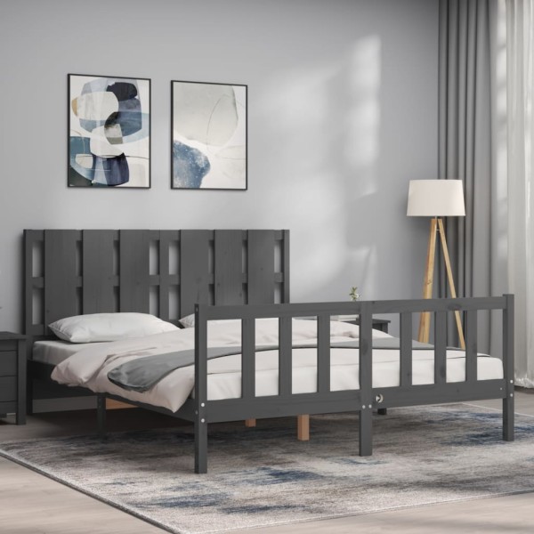 Estructura de cama matrimonio con cabecero madera maciza gris