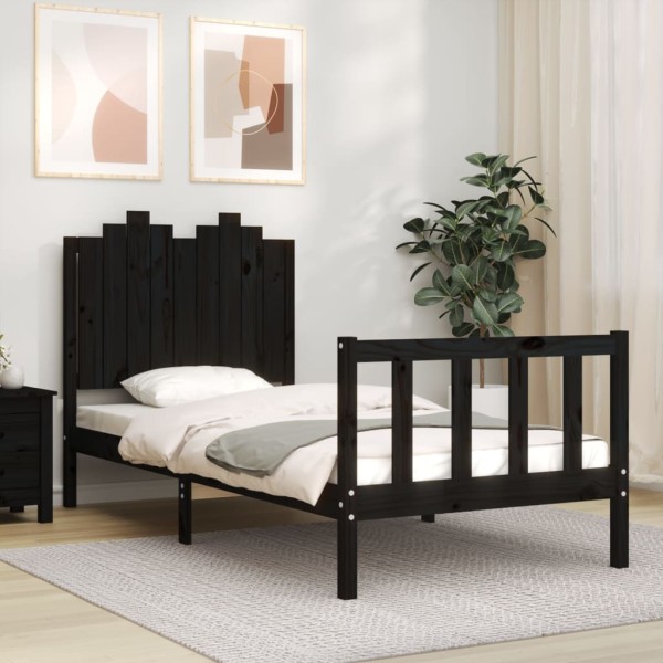 Estructura de cama con cabecero madera maciza negro 90x190 cm