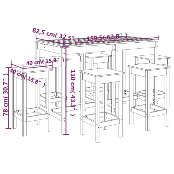 Mesa y taburetes altos de jardín 7 pzas madera pino marrón miel