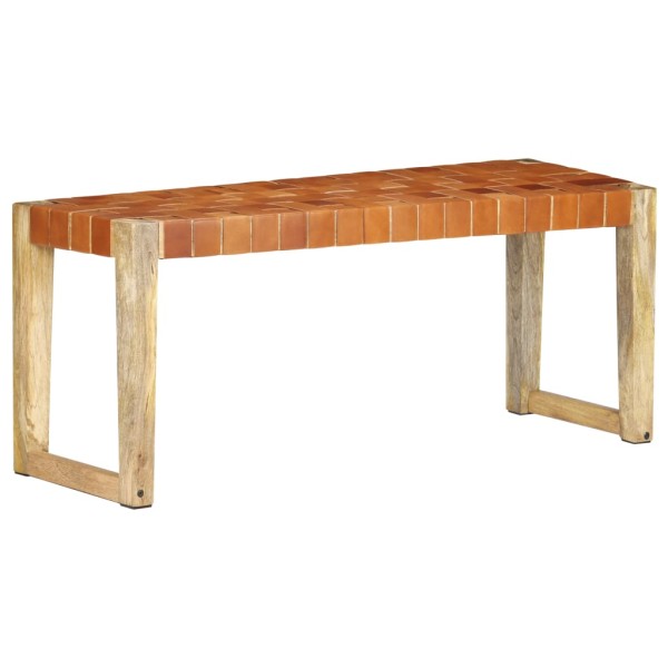 Banco de cuero auténtico marrón y madera de mango maciza 110 cm