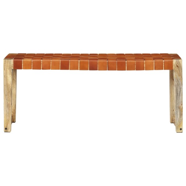 Banco de cuero auténtico marrón y madera de mango maciza 110 cm