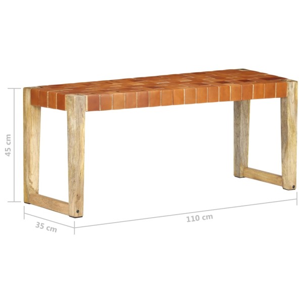 Banco de cuero auténtico marrón y madera de mango maciza 110 cm