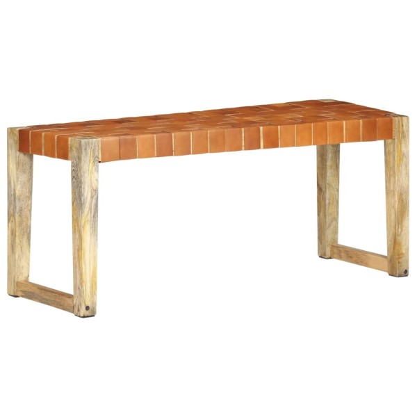 Banco de cuero auténtico marrón y madera de mango maciza 110 cm