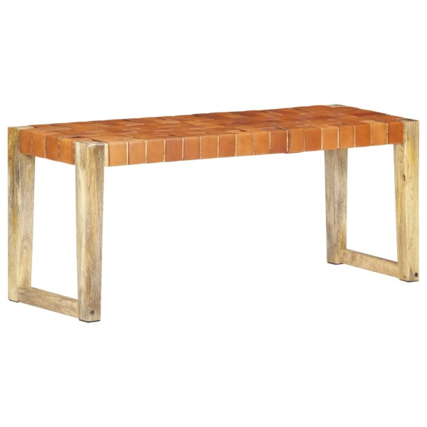 Banco de cuero auténtico marrón y madera de mango maciza 110 cm