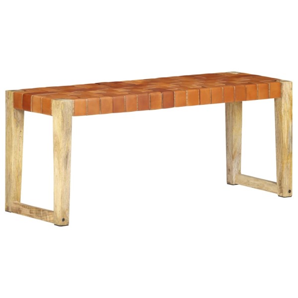 Banco de cuero auténtico marrón y madera de mango maciza 110 cm