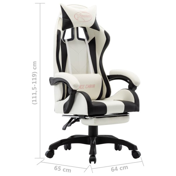 Silla gaming con reposapiés cuero sintético negro y blanco