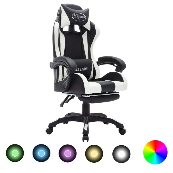 Silla gaming con luces LED RGB cuero sintético blanco y negro