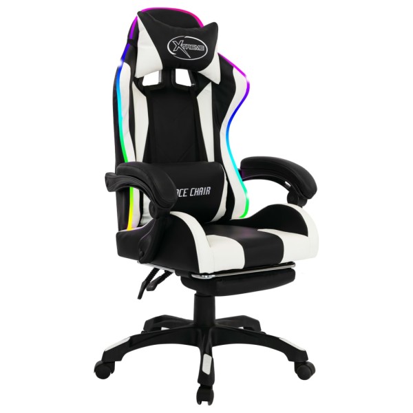 Silla gaming con luces LED RGB cuero sintético blanco y negro