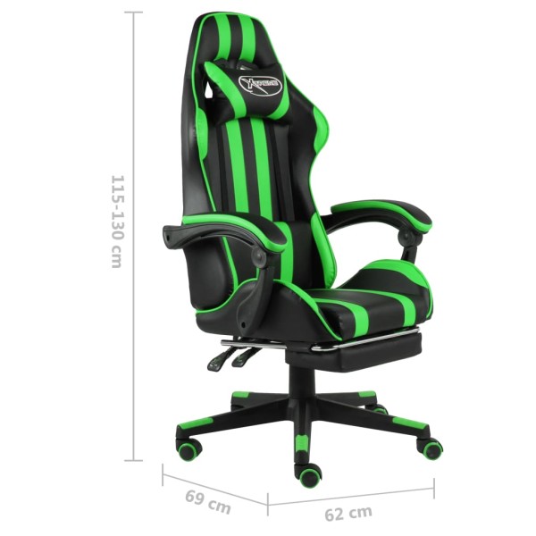 Silla gaming con reposapiés cuero sintético negro y verde