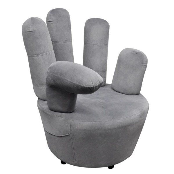 Sillón en forma de mano de terciopelo gris