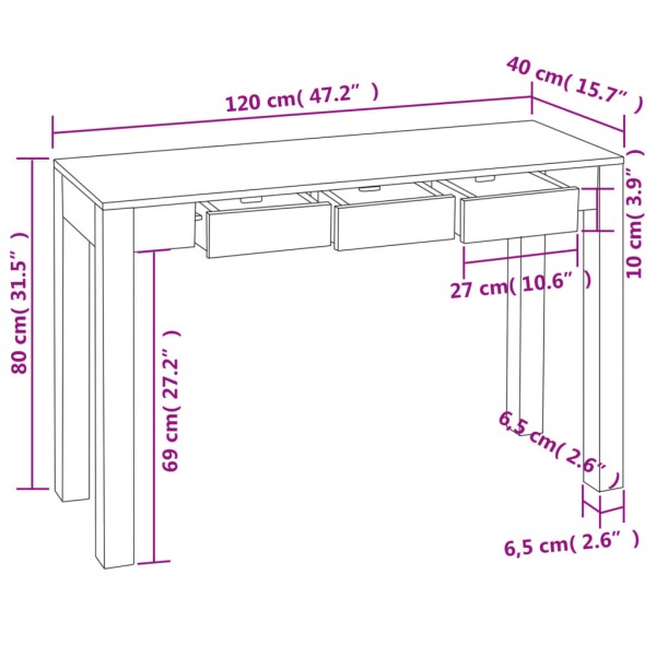 Mesa consola con 3 cajones madera maciza Sheesham 80 cm