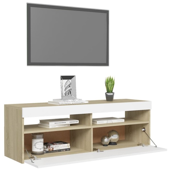 Mueble de TV con luces LED blanco y roble Sonoma 120x35x40 cm