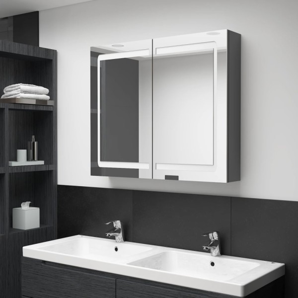 Armario de baño con espejo y LED gris 80x12x68 cm