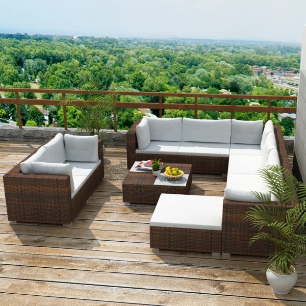 Set muebles de jardín 10 pzas y cojines ratán sintético marrón