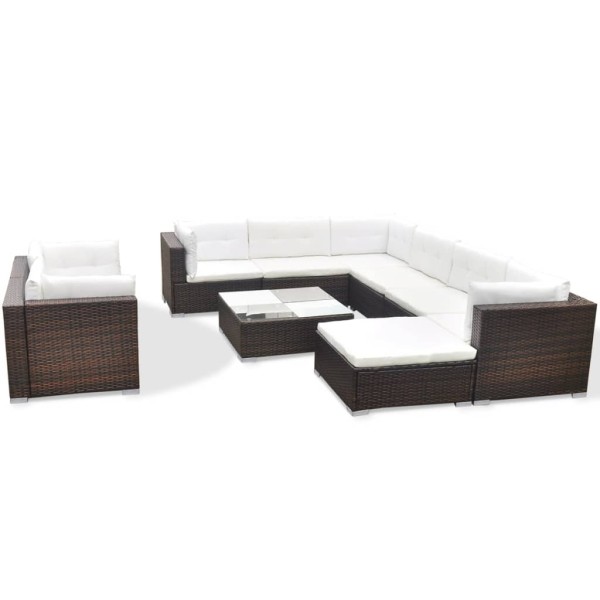 Set muebles de jardín 10 pzas y cojines ratán sintético marrón