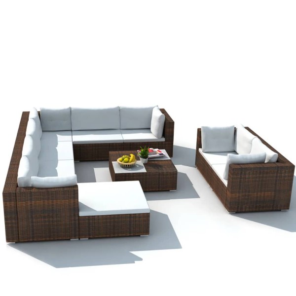 Set muebles de jardín 10 pzas y cojines ratán sintético marrón