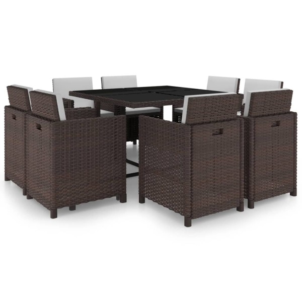 Set comedor de jardín y cojines 9 piezas ratán sintético marrón