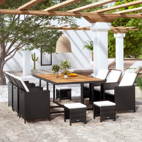 Set comedor de jardín 11 pzas ratán sintético y madera negro