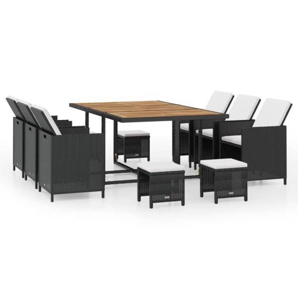 Set comedor de jardín 11 pzas ratán sintético y madera negro