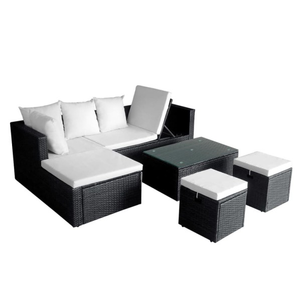 Set muebles de jardín 4 piezas y cojines ratán sintético negro